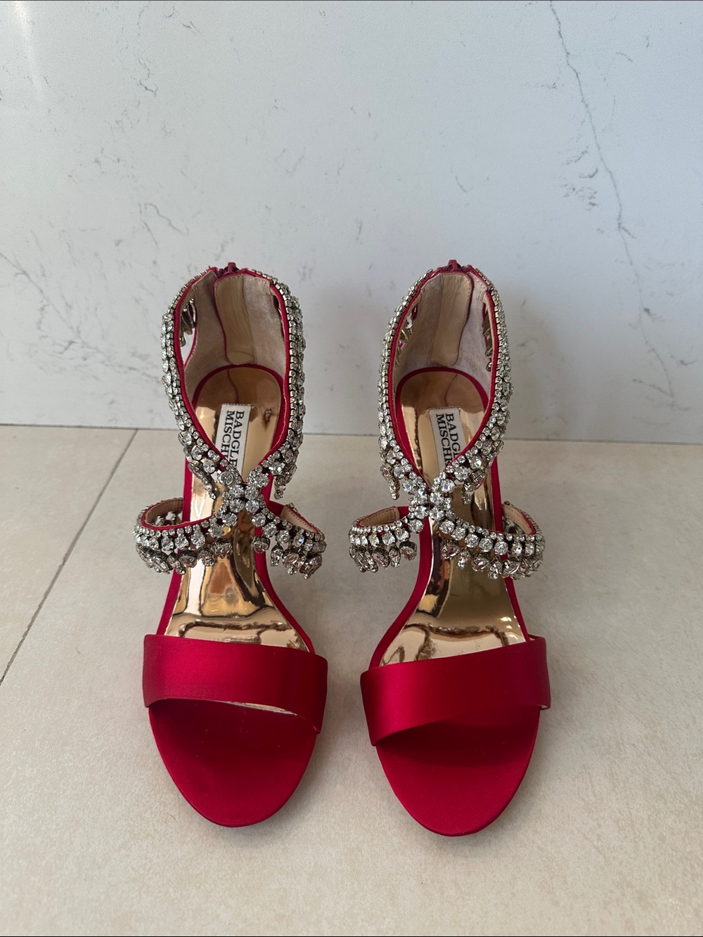 Badgley Mischka Red Satin Crystal-Strap Evening Sandals